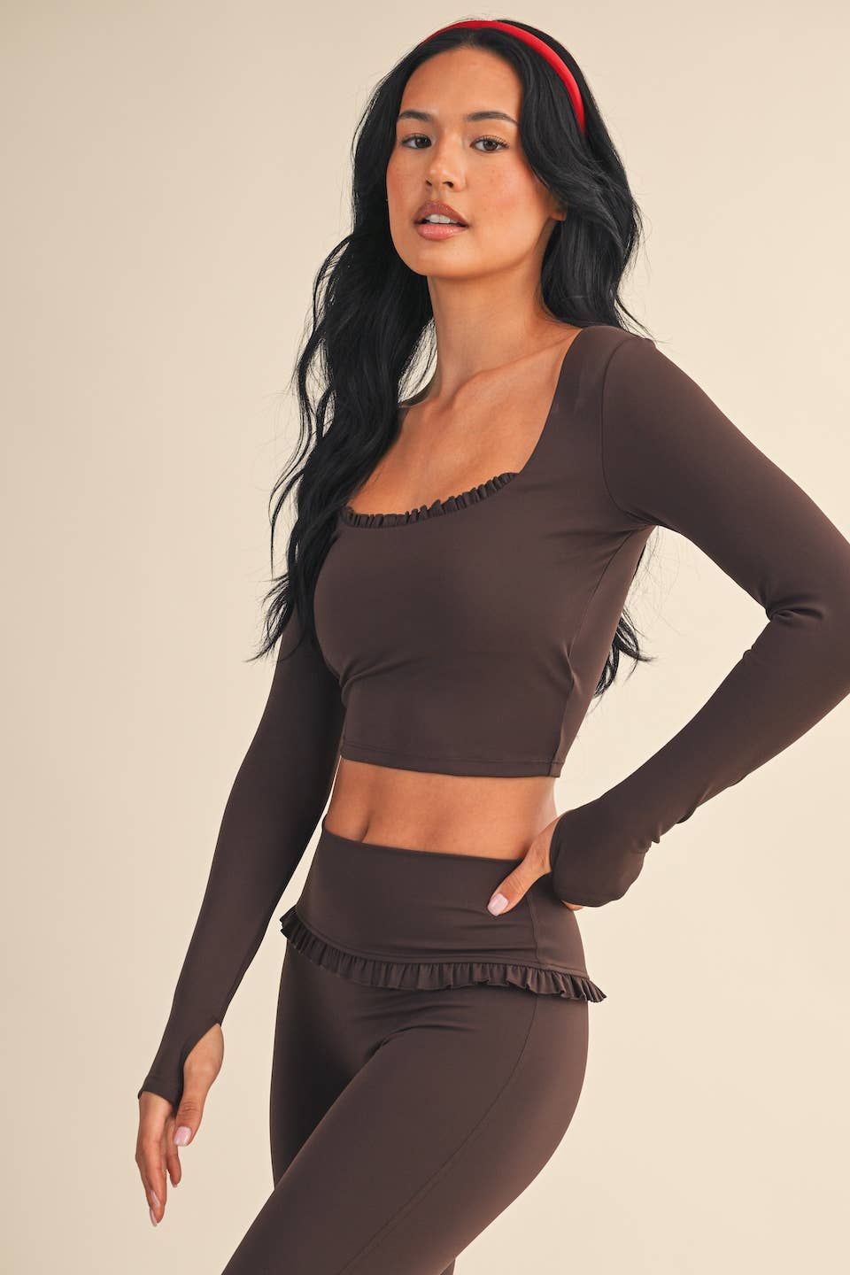 Square Neck Ruffle Trim Long Sleeve Crop Top