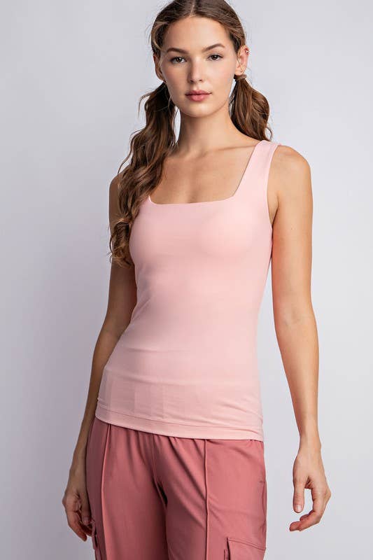 SQUARE NECK SLEEVELESS BUTTER FABRIC TANK TOP
