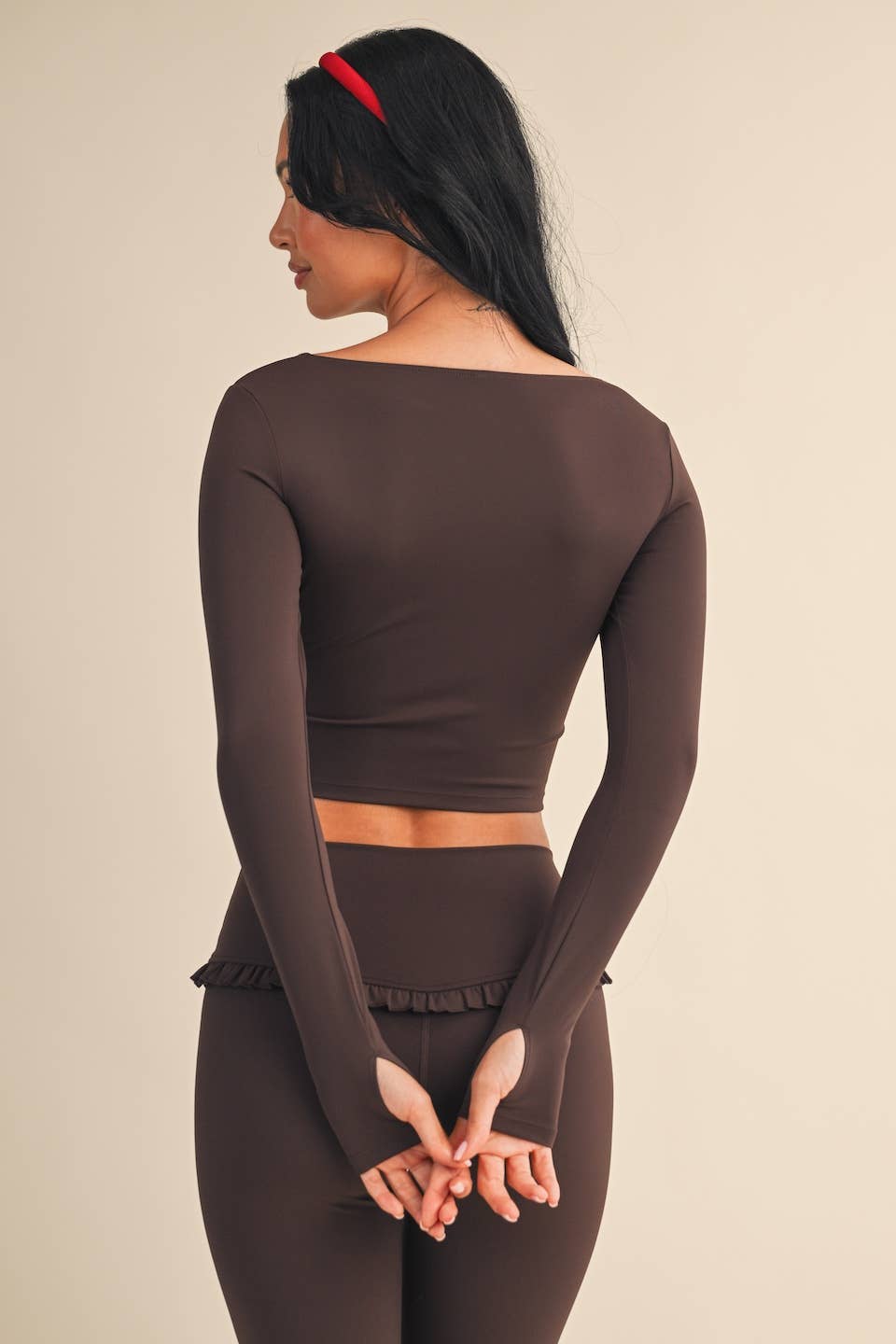 Square Neck Ruffle Trim Long Sleeve Crop Top