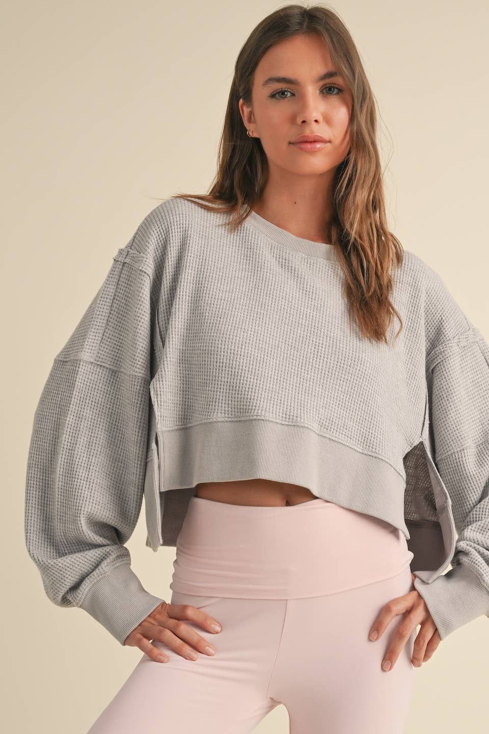 Waffle Knit Oversized Long Sleeve Top
