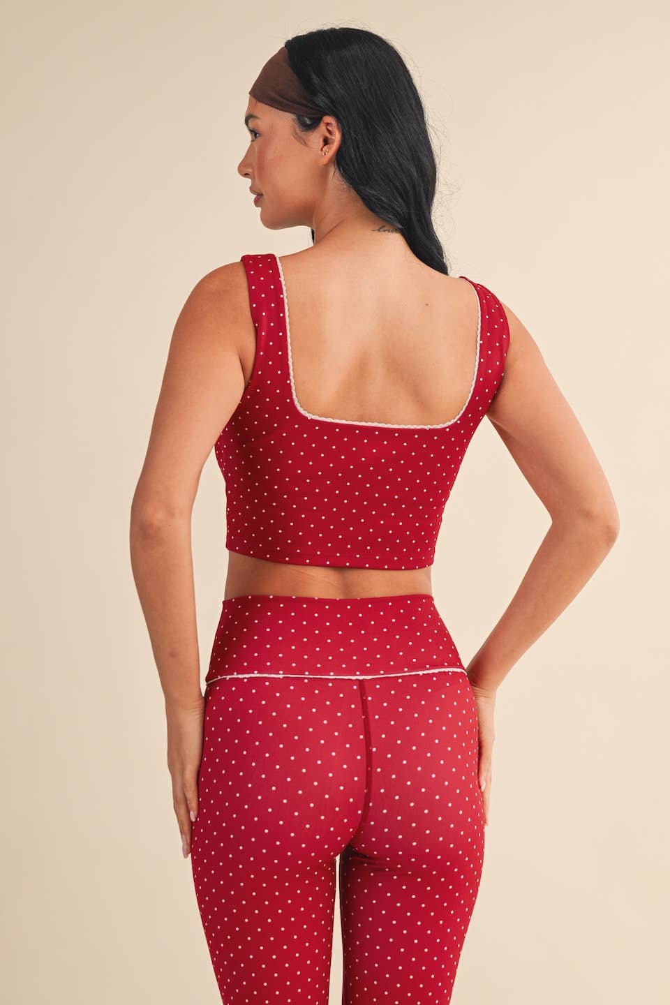 Polka Dot Print Crop Tank with Lace Trim