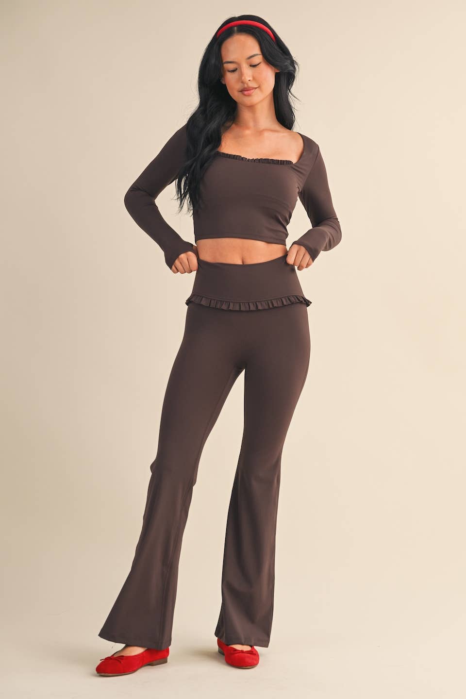 Square Neck Ruffle Trim Long Sleeve Crop Top