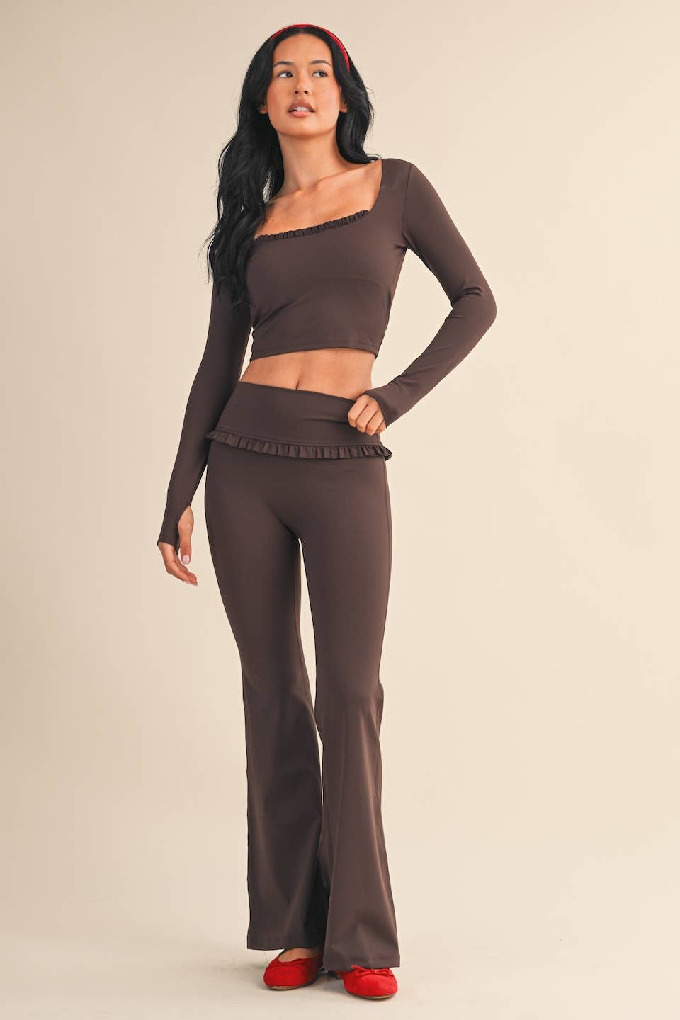 Square Neck Ruffle Trim Long Sleeve Crop Top