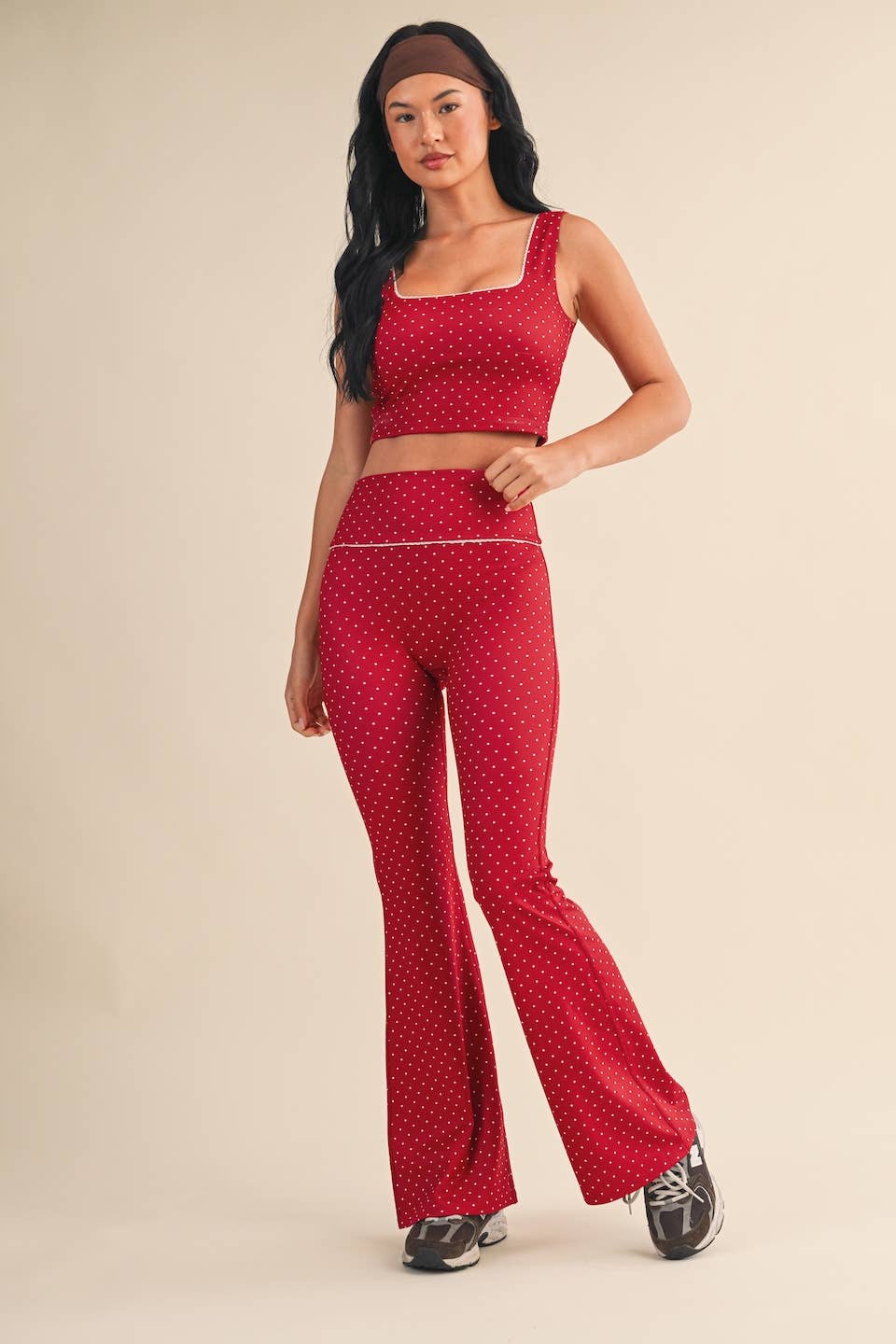 Polka Dot Print Crop Tank with Lace Trim