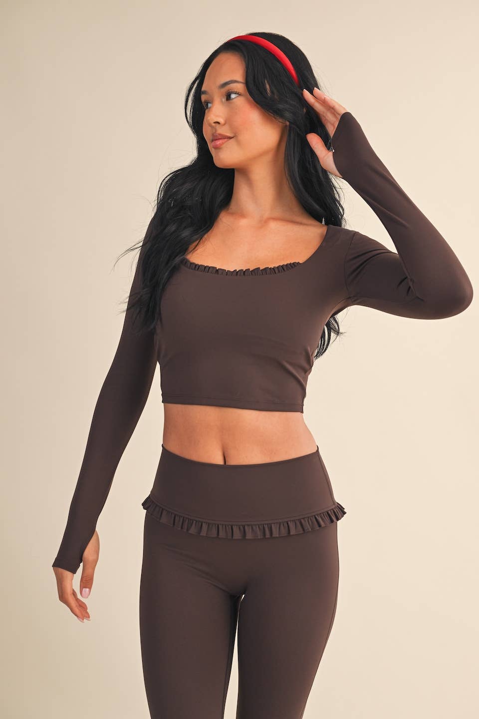 Square Neck Ruffle Trim Long Sleeve Crop Top