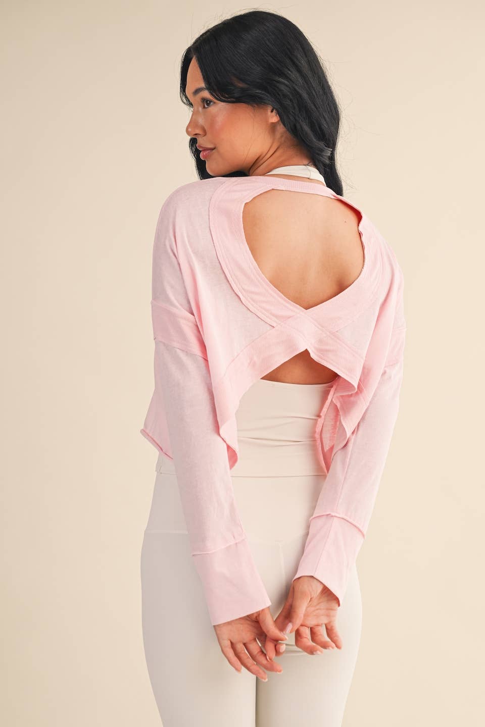 Cotton Slub Cutout Back Long Sleeve Layering Top