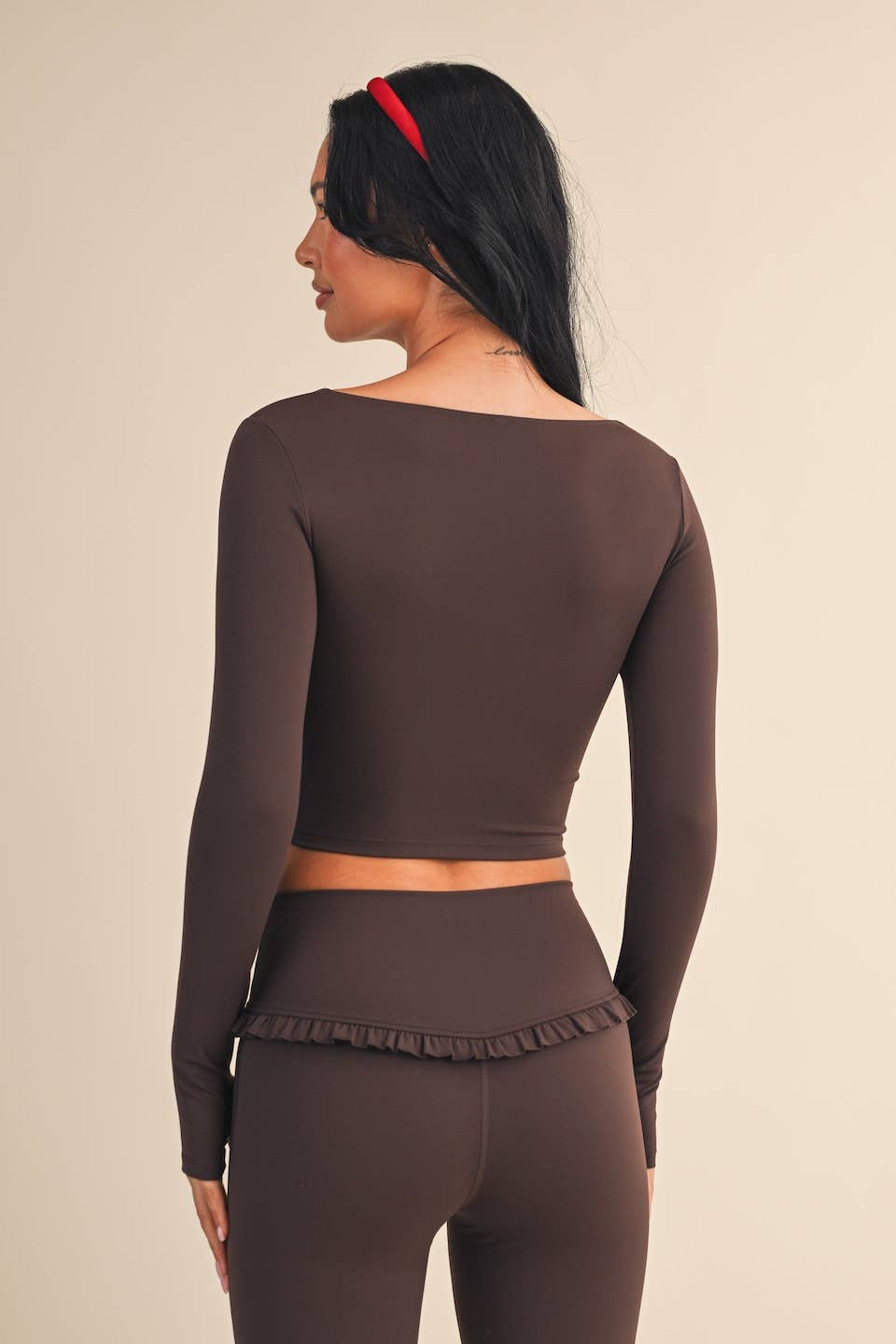 Square Neck Ruffle Trim Long Sleeve Crop Top